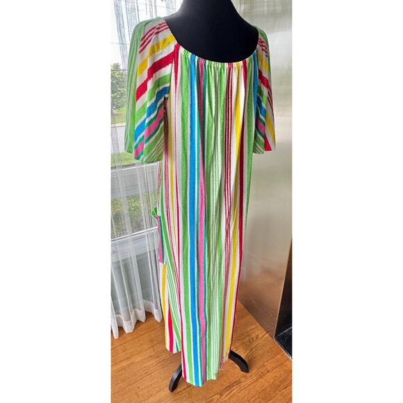 Vintage 80s terrycloth robe/coverup, pink blue yellow green orange red stripes - Picture 1 of 8